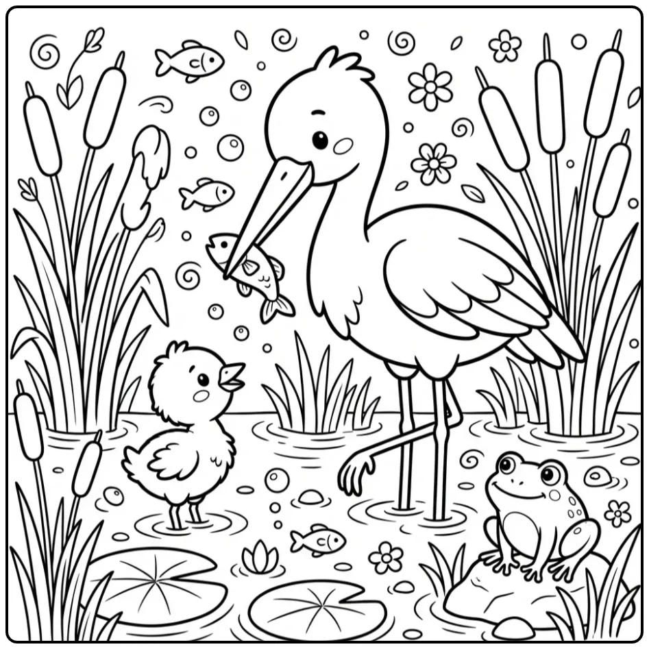 Schattige kleurplaat ooievaar met baby en kikker.