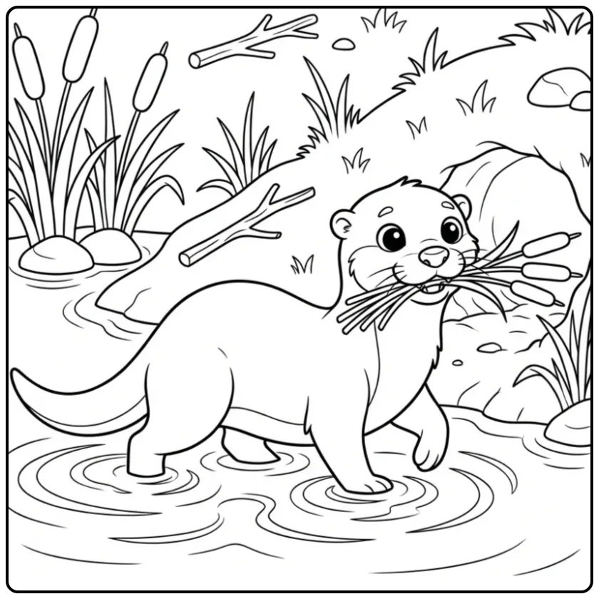 Vrolijke kleurplaat otter draagt rietstengels in het water