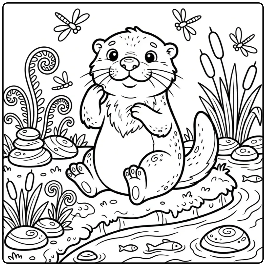 Schattige kleurplaat otter die zich wast aan de waterkant.