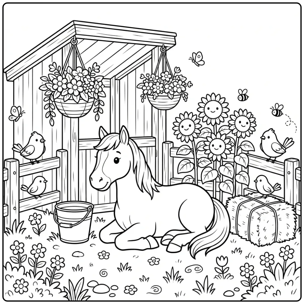 Mooie kleurplaat paard met bloemen, hooi en vogeltjes