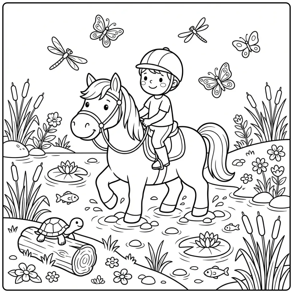 Kleurplaat paard met ruiter die door ondiep water stapt.