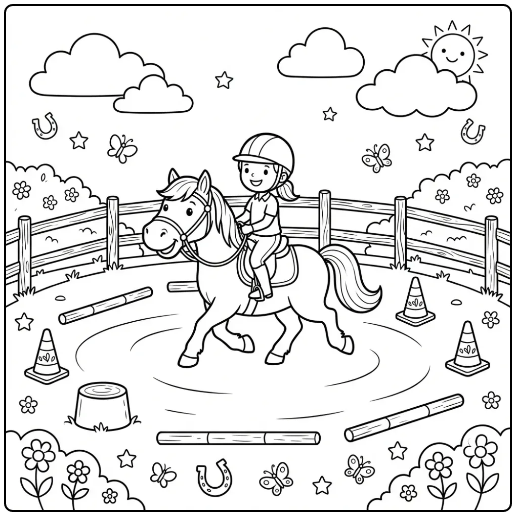 Schattige kleurplaat paard met ruiter tussen de pionnen.