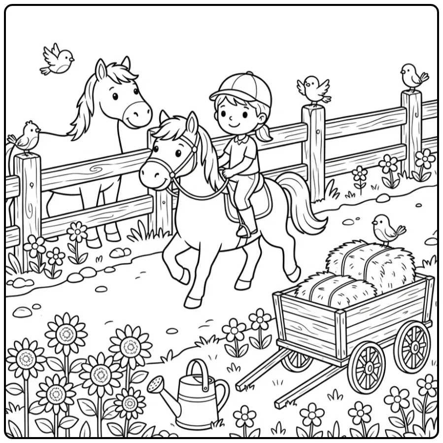 Een vrolijke kleurplaat paard met ruiter op de boerderij.