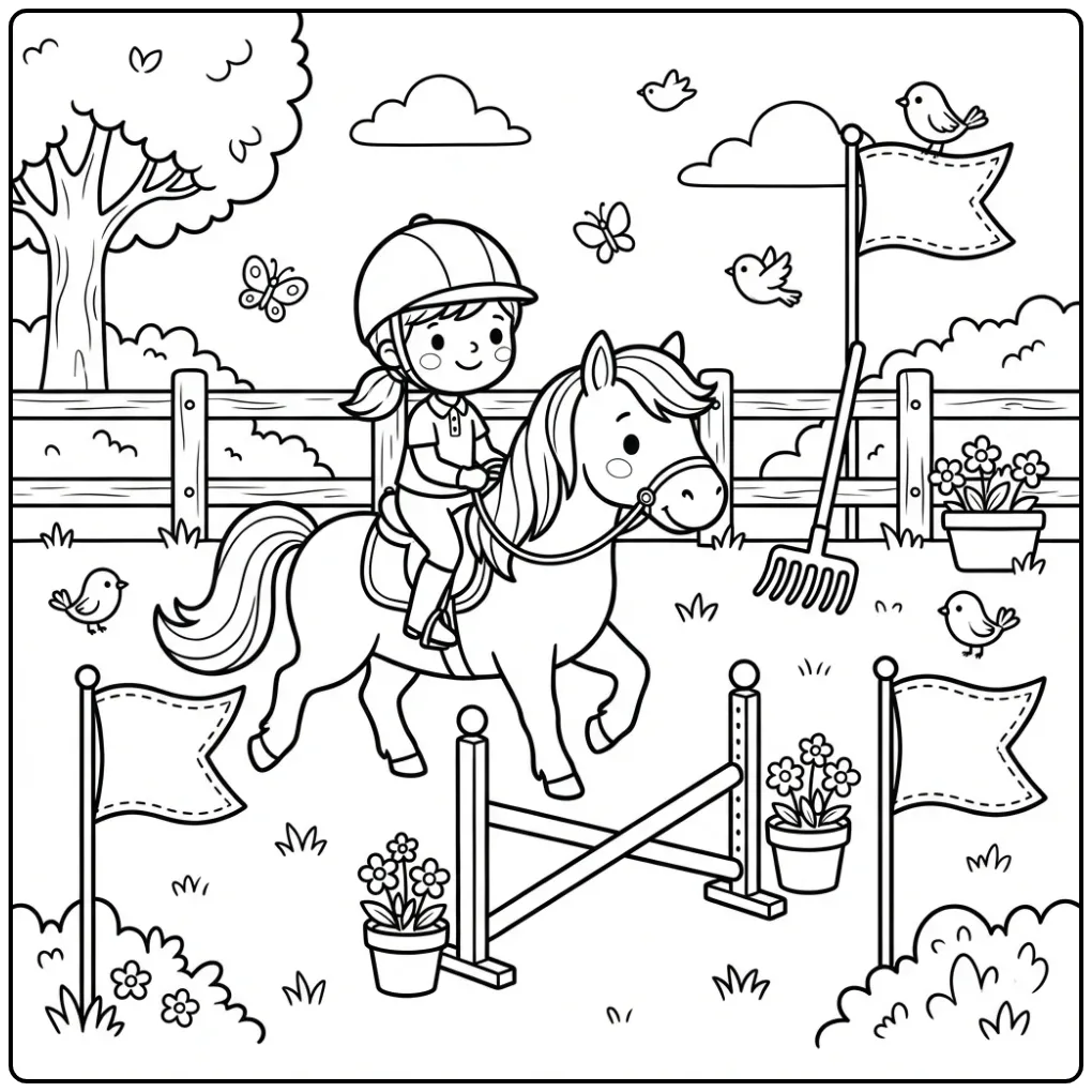 Schattige kleurplaat paard met ruiter bij een kleine sprong