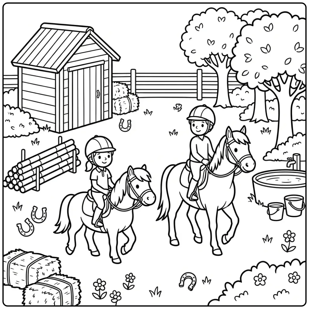 Schattige kleurplaat paard met ruiter tijdens paardrijles.