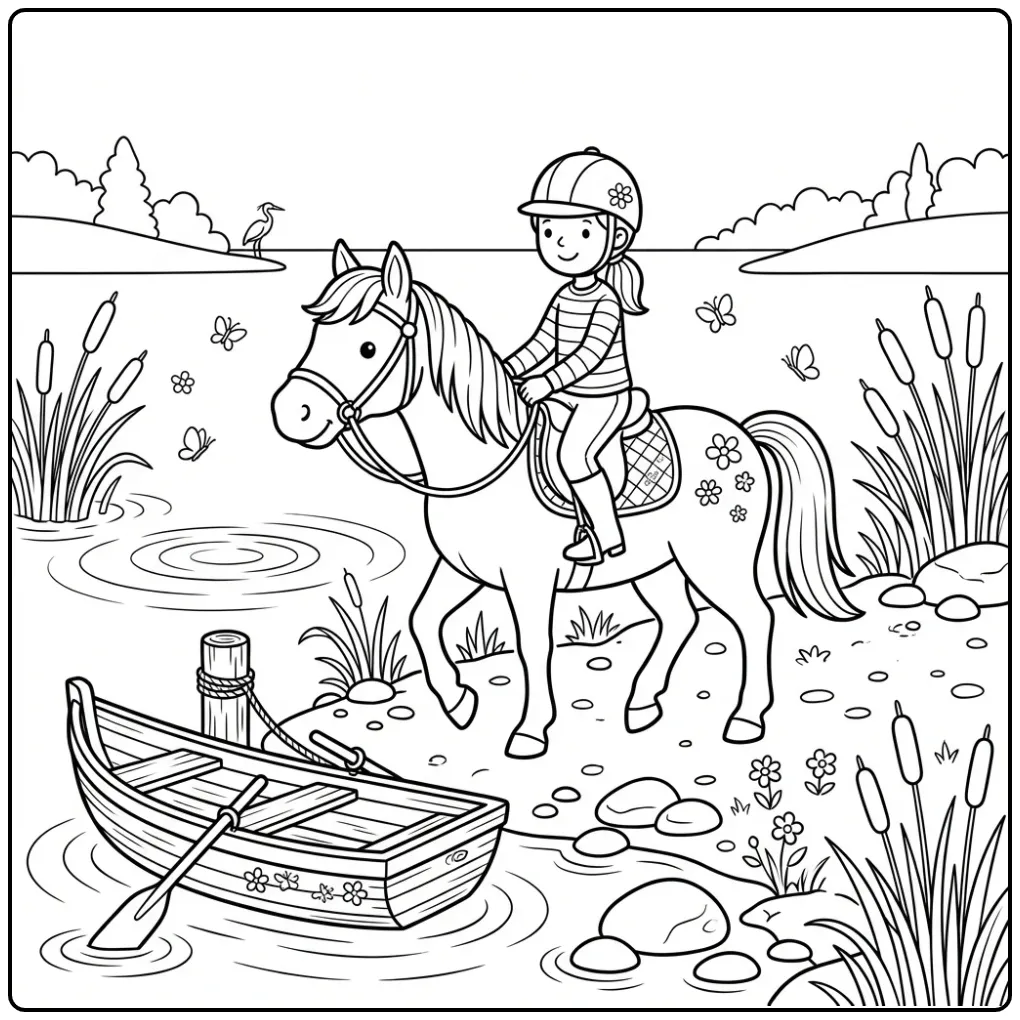 Schattige kleurplaat paard met ruiter langs de waterkant.