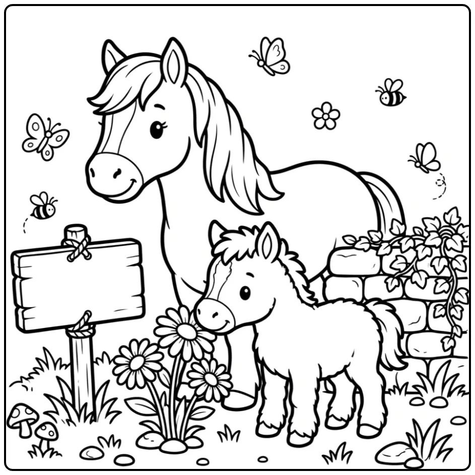 Schattige kleurplaat paard met veulen bij bloemen en muur.