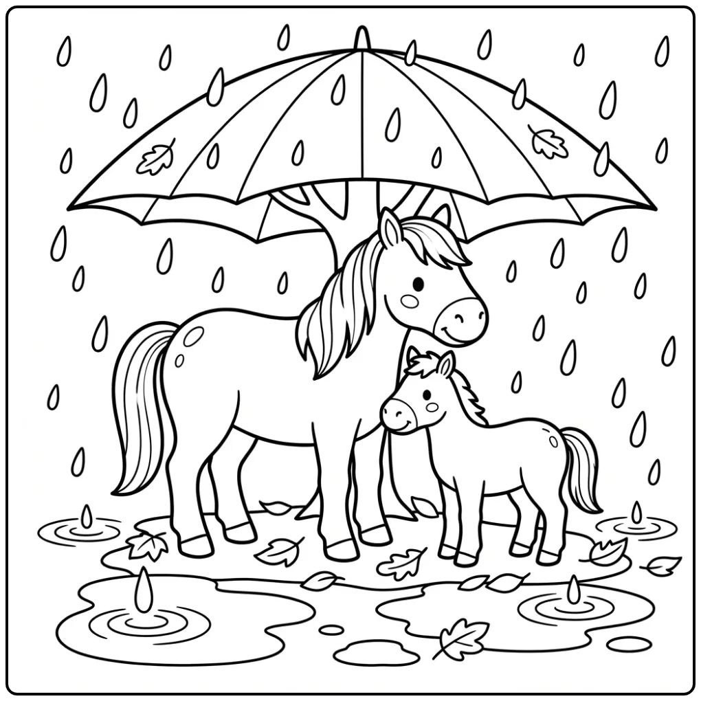 Schattige kleurplaat paard met veulen onder een boom.