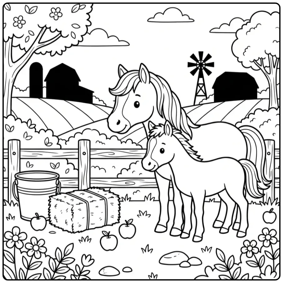 Schattige kleurplaat paard met veulen bij een houten hek.