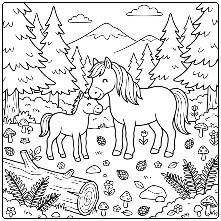 Kleurplaat paard met veulen in een dennenbos met bergen.