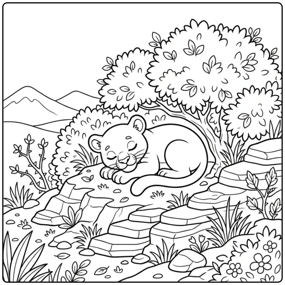 Schattige kleurplaat panter rustend op een rotsachtige heuvel.