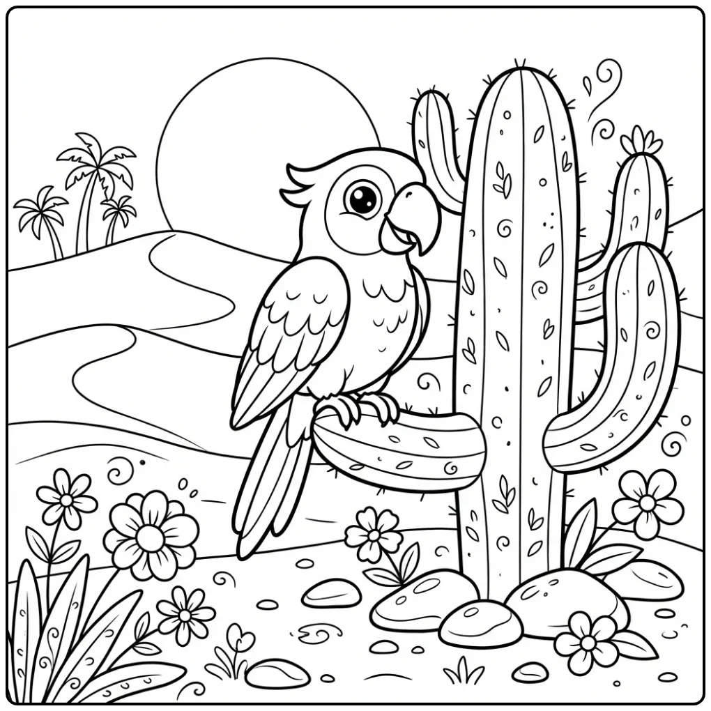 Cartoon kleurplaat papegaai zittend op een grote cactus.