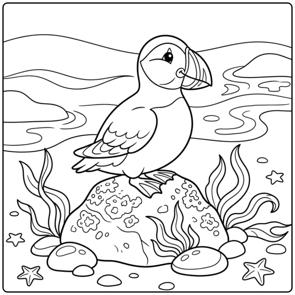 Een schattige kleurplaat papegaaiduiker op een rots aan zee.
