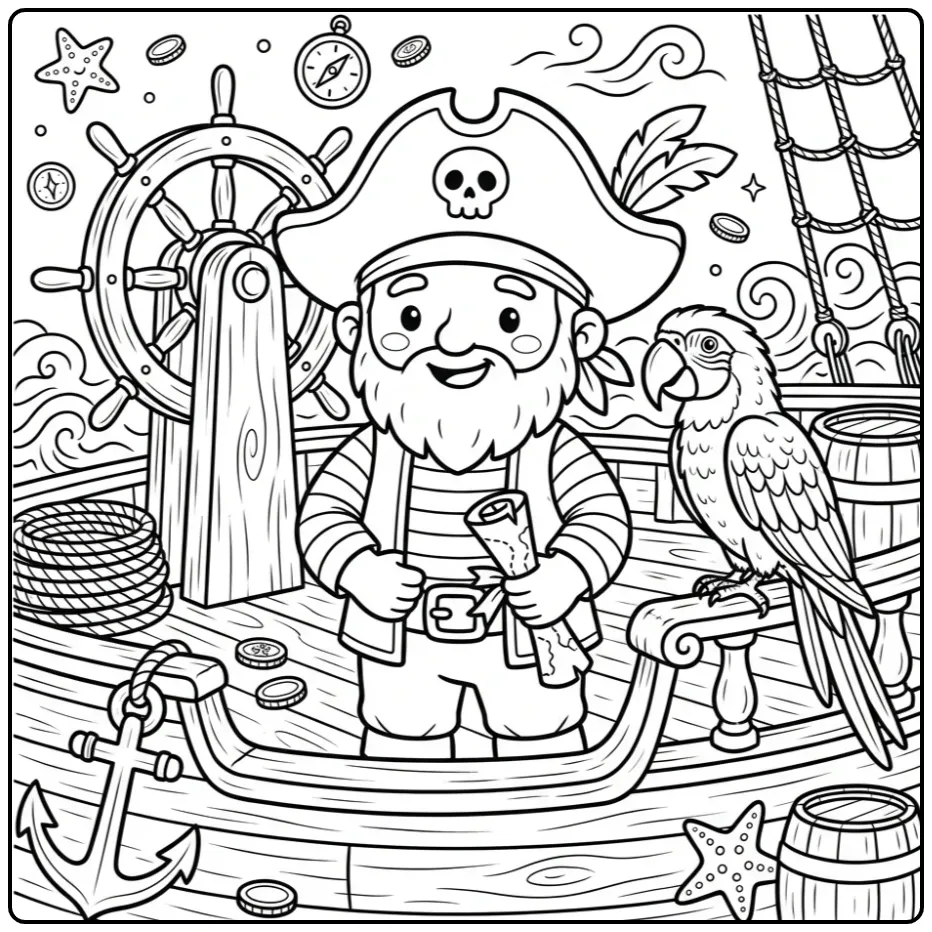 Vrolijke kleurplaat piraat met papegaai op het scheepsdek.