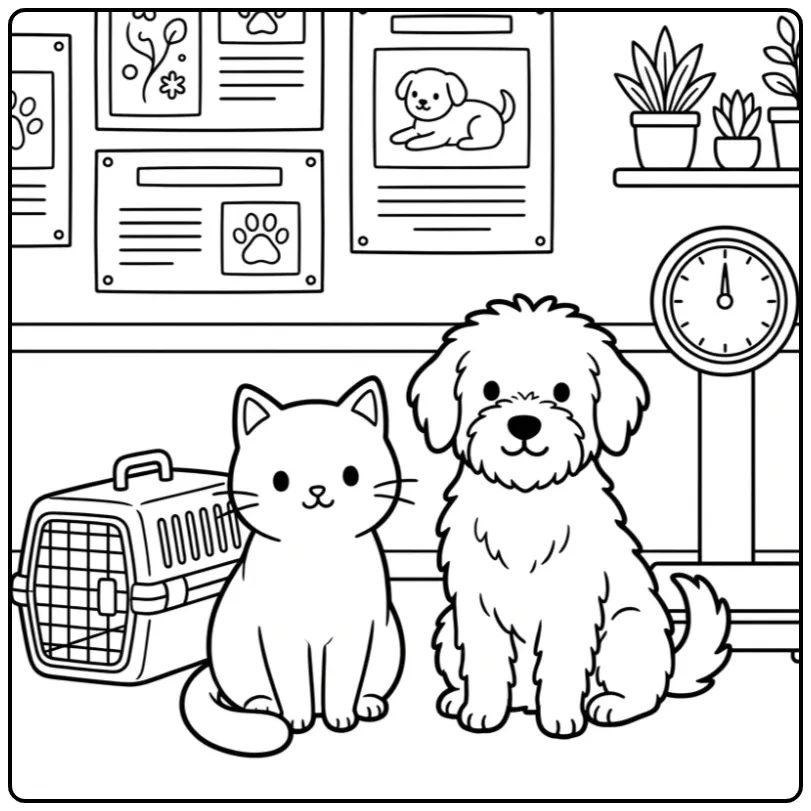 Kleurplaat poes en hond wachten braaf bij de dierenarts