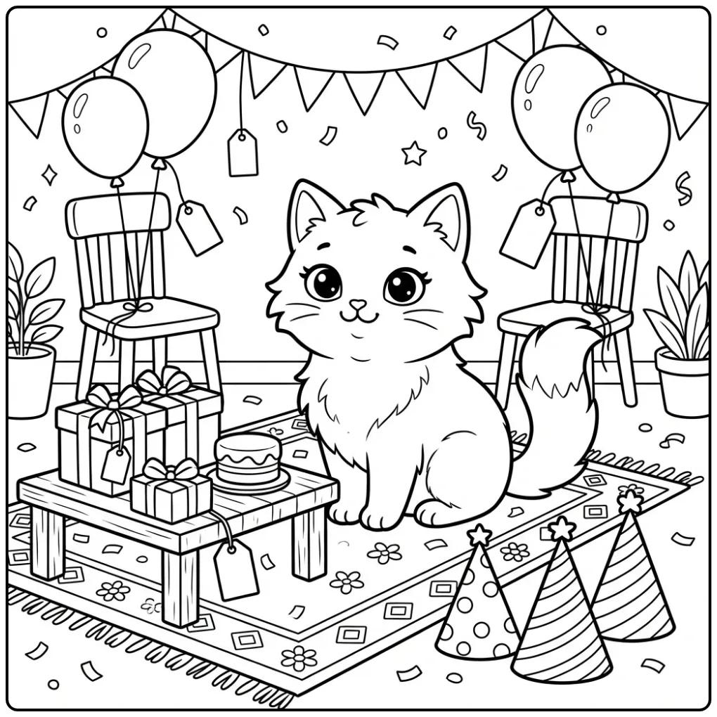 Feestelijke kleurplaat poes verjaardag met ballonnen.