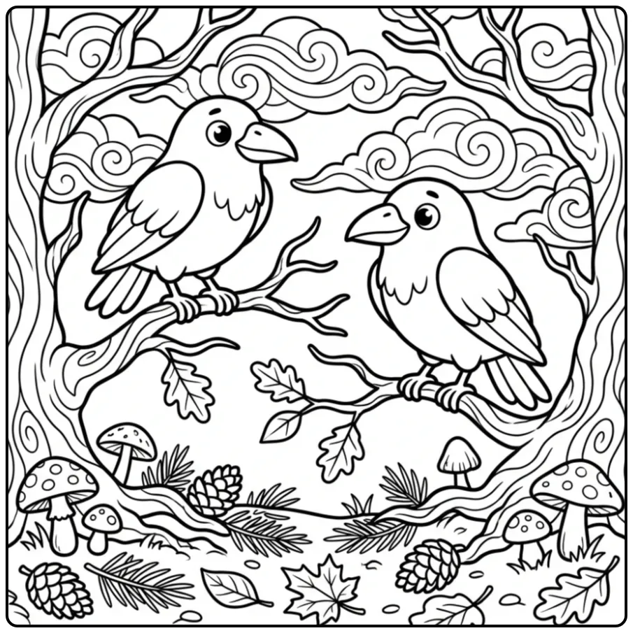 Een schattige kleurplaat raaf met een vriendje op een tak.