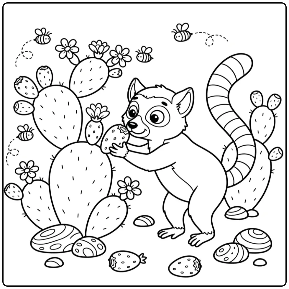 Kleurplaat ringstaartmaki plukt cactusvijgen.