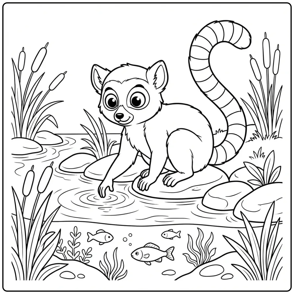 Schattige kleurplaat ringstaartmaki drinkt uit een beekje