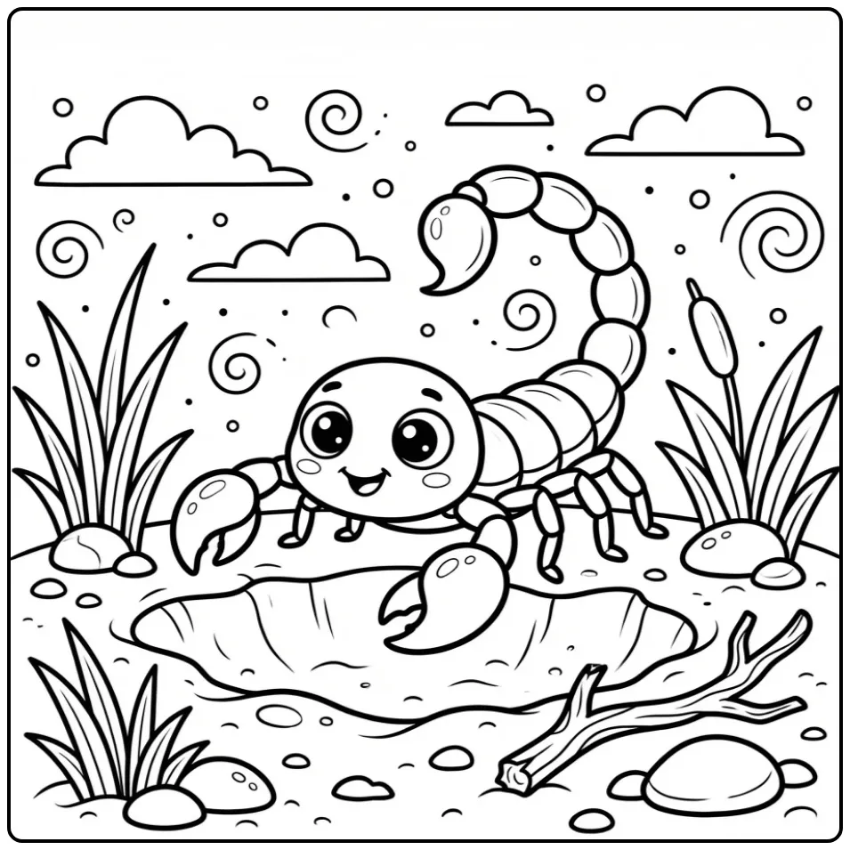 Kleurplaat schorpioen bij een holletje in het woestijnzand.