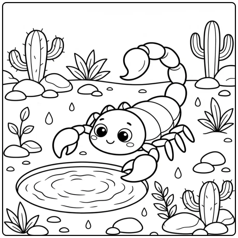 Realistische kleurplaat schorpioen bij een woestijnplas.