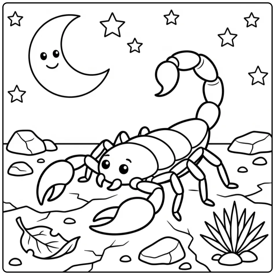 Schattige kleurplaat schorpioen in de woestijn onder de maan.