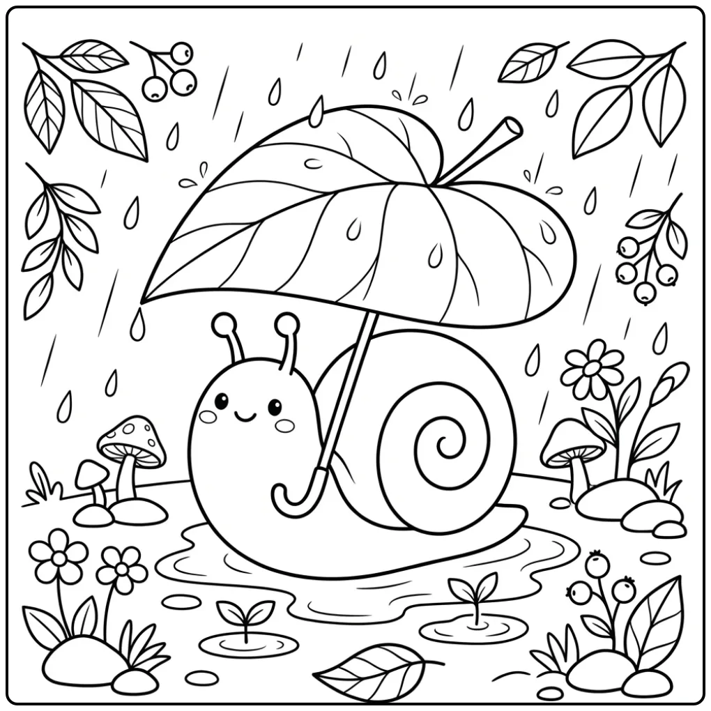 Kleurplaat slak schuilend onder een groot blad in de regen