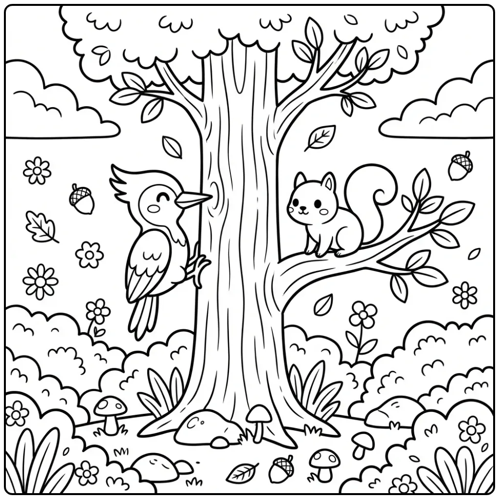 Vrolijke kleurplaat specht tikt op boom met eekhoorn.