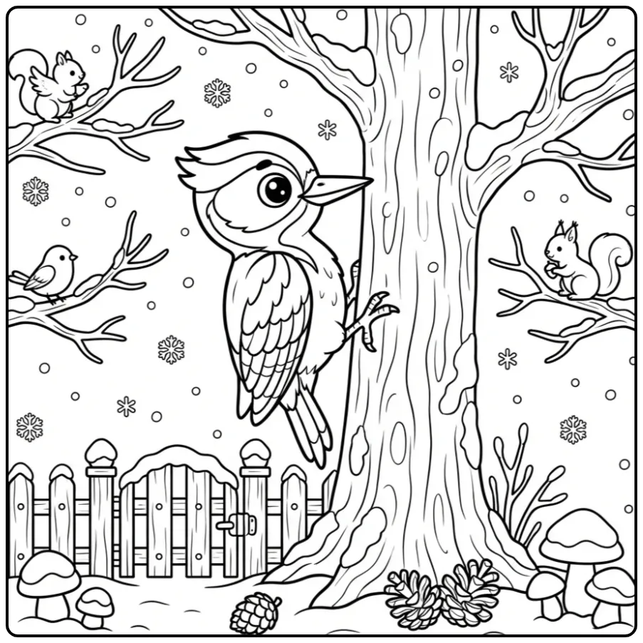 Winterse kleurplaat specht op een boomstam met sneeuwvlokjes.
