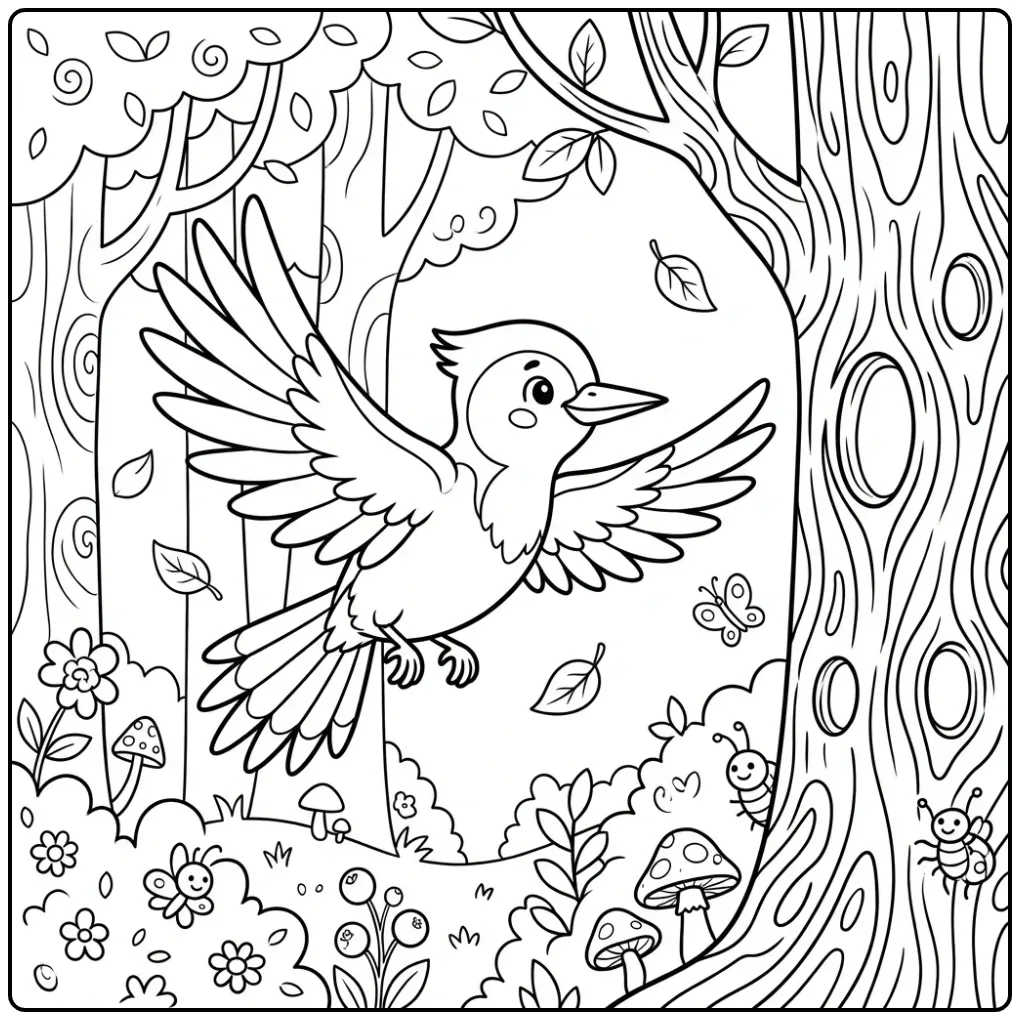 Een vrolijke kleurplaat specht die naar een boom vliegt.