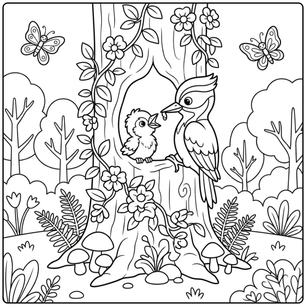 Schattige kleurplaat specht voert kuiken in een boomholte.