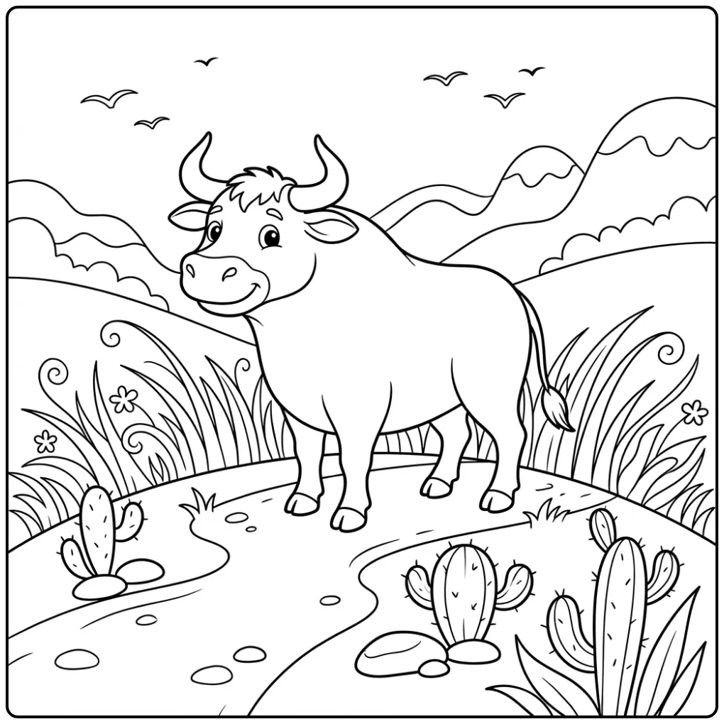 Een schattige kleurplaat stier op een heuvel met gras.