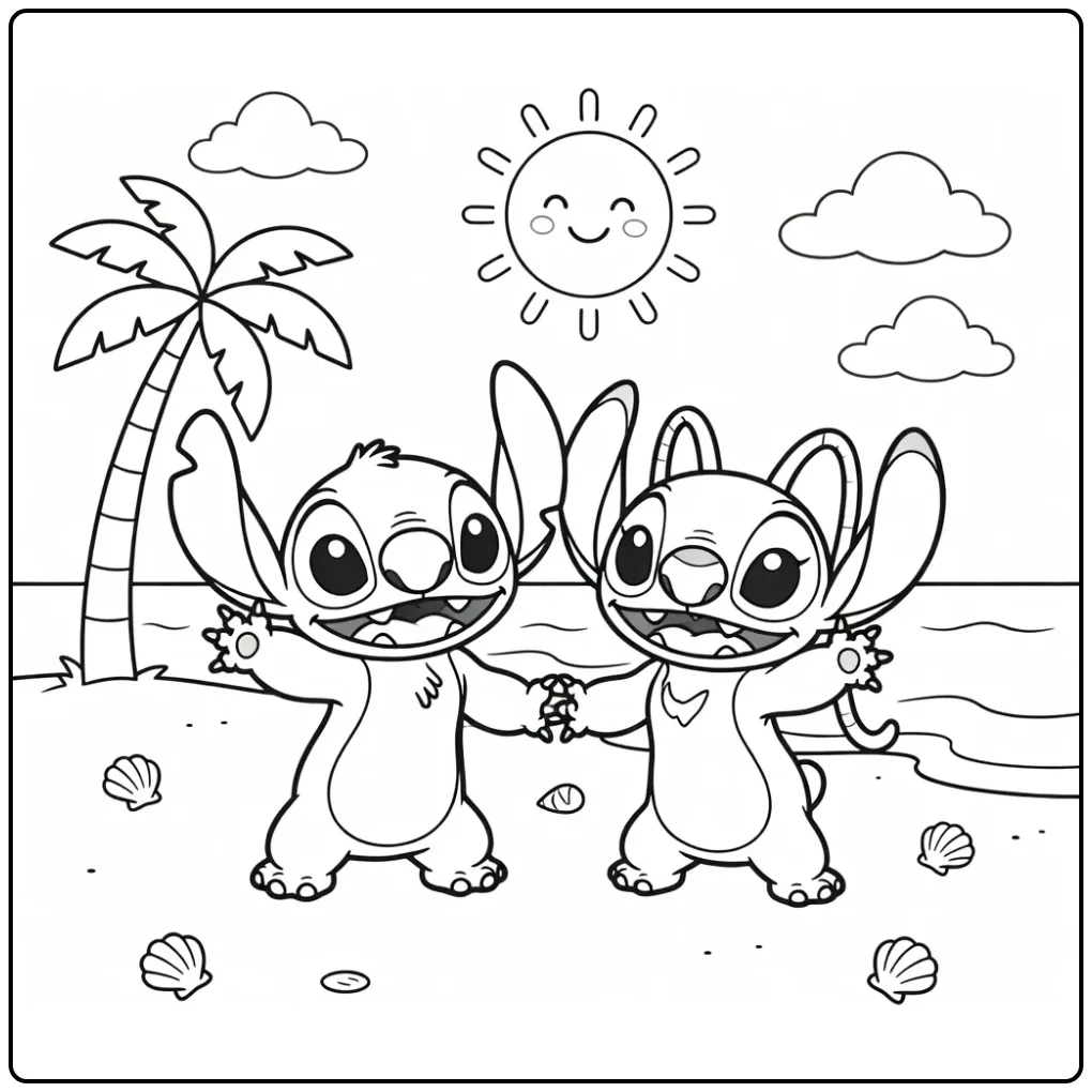 Download deze schattige kleurplaat stitch en angel makkelijk