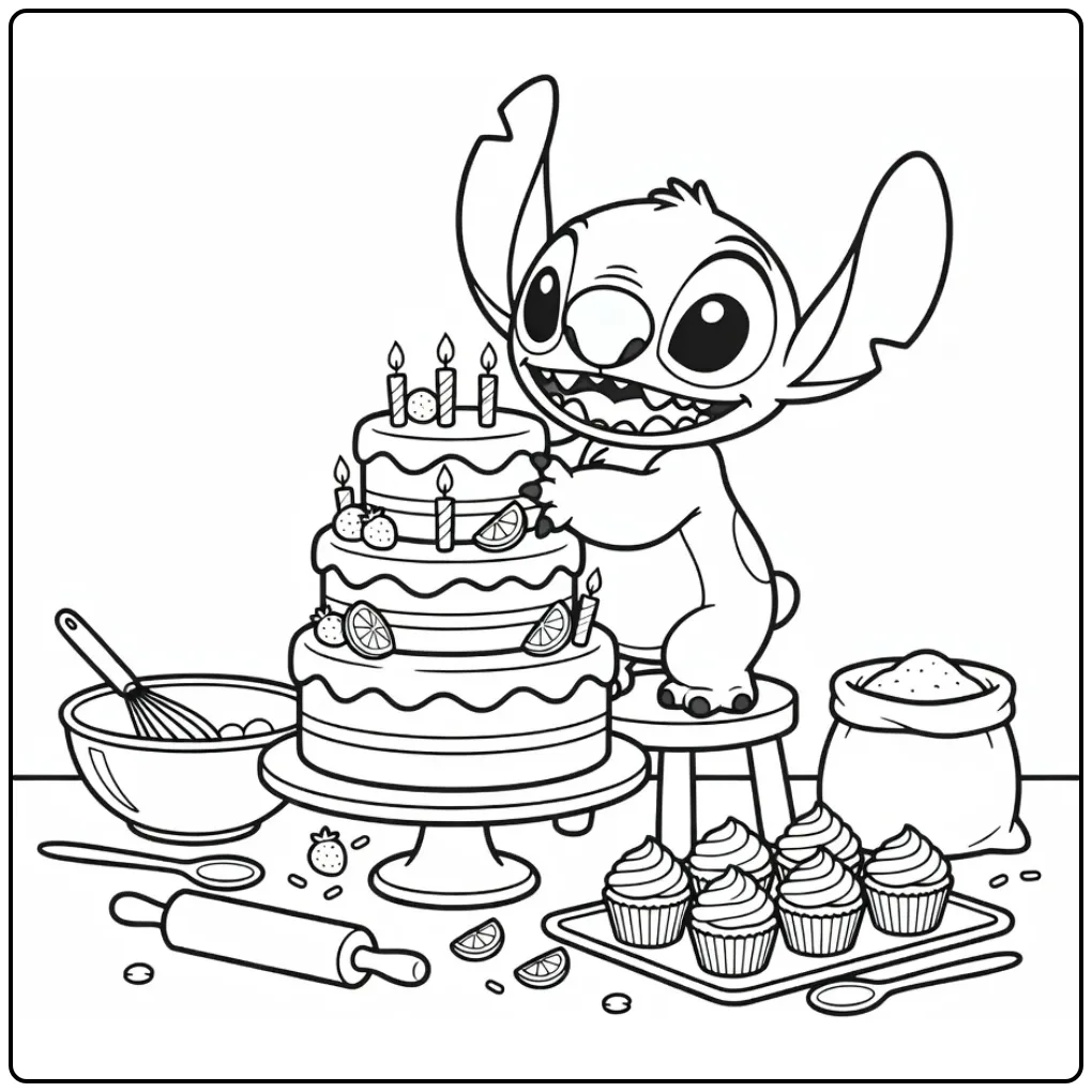 Stitch versiert taart op deze kleurplaat stitch verjaardag.