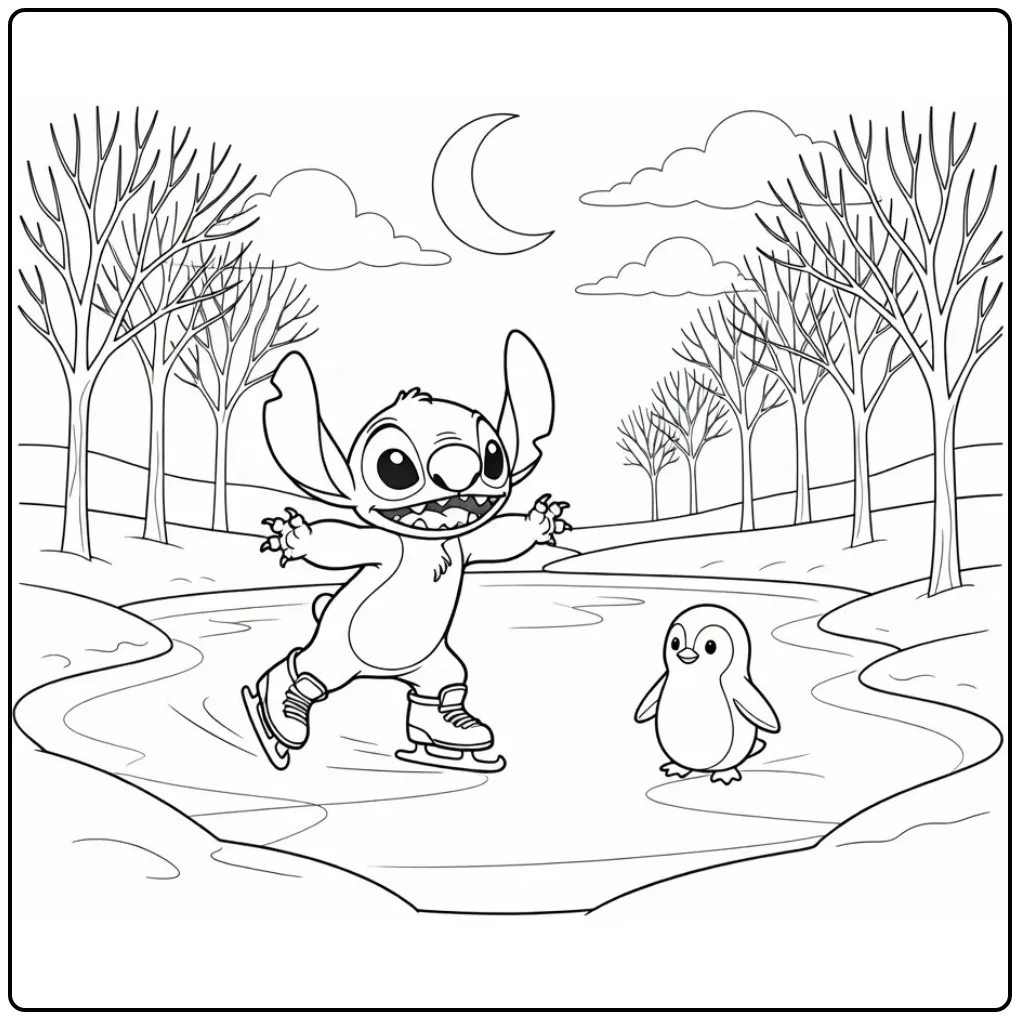 Stitch en pinguïn op deze kleurplaat stitch winter.