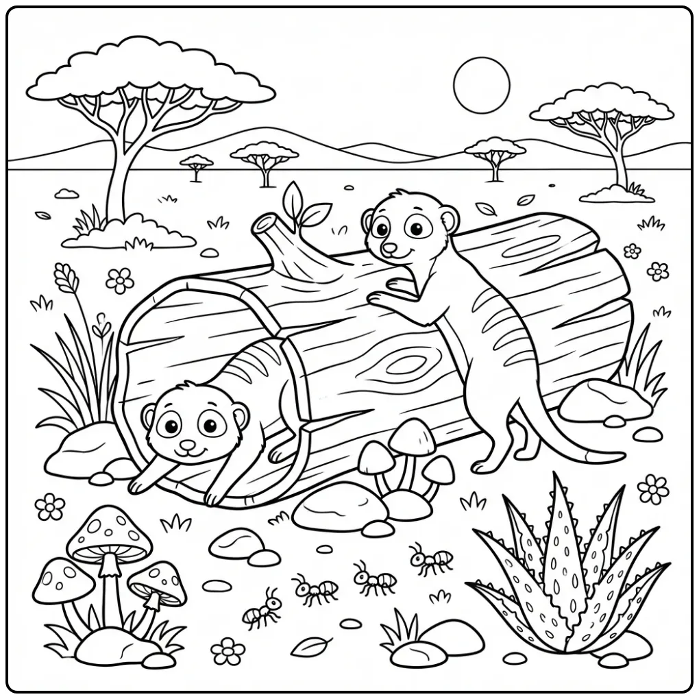 Kleurplaat stokstaartje: twee dieren zoeken mieren.