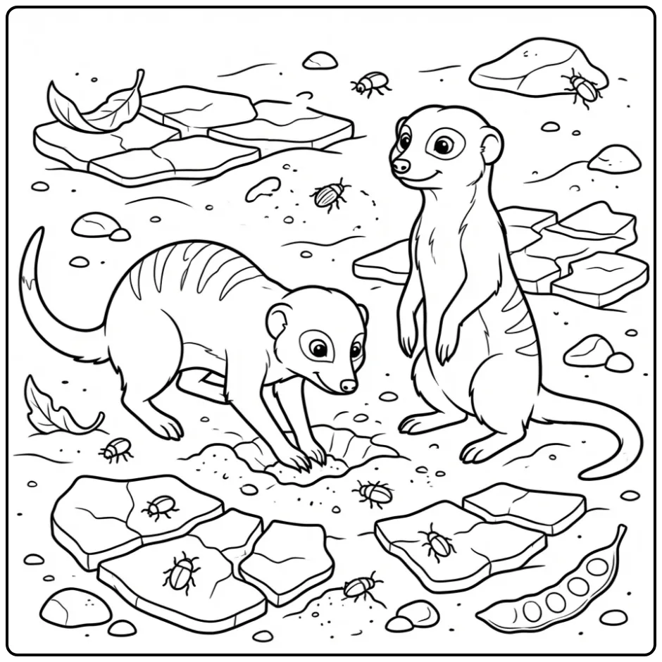 Een kleurplaat stokstaartje zoekend naar kevers in het zand.