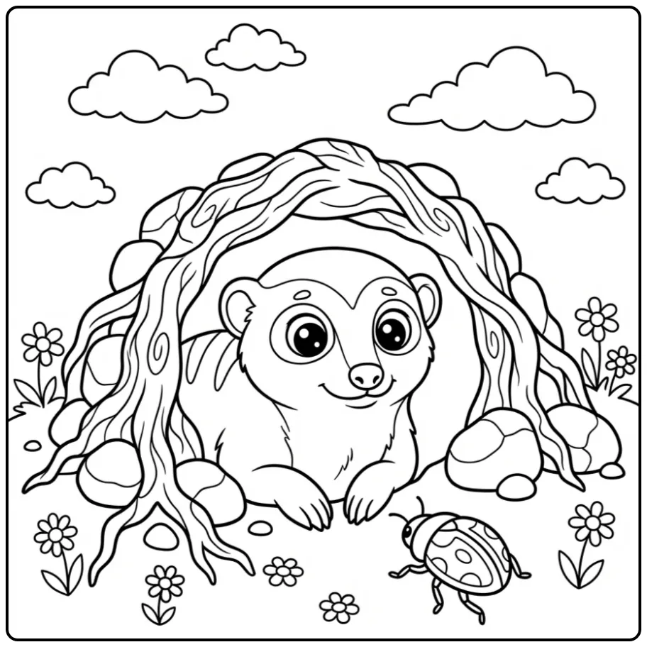 Schattige kleurplaat stokstaartje kijkt uit zijn hol.