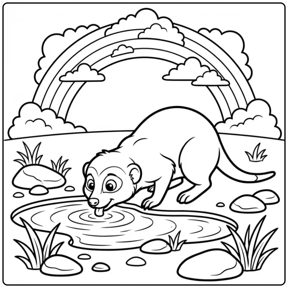 Kleurplaat stokstaartje drinkt uit een kleine regenplas.