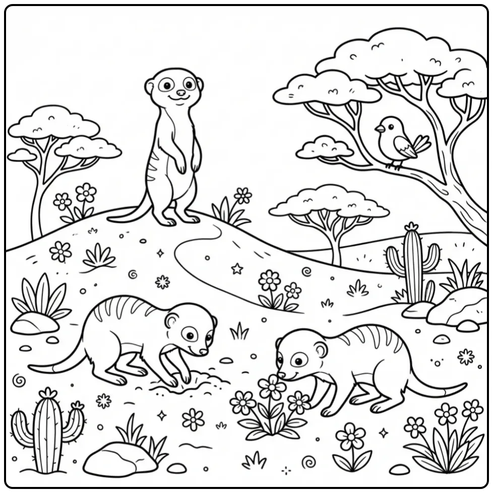 Cartoon kleurplaat stokstaartje groep bij een acaciaboom