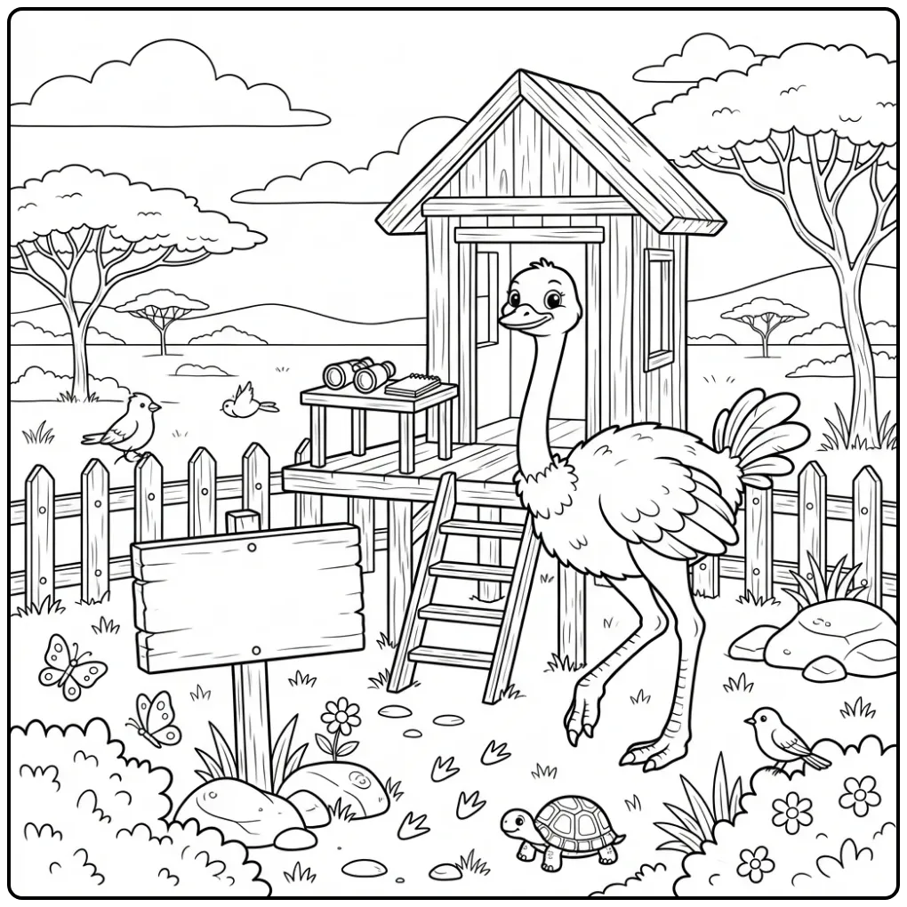 Cartoon kleurplaat struisvogel bij observatiepost