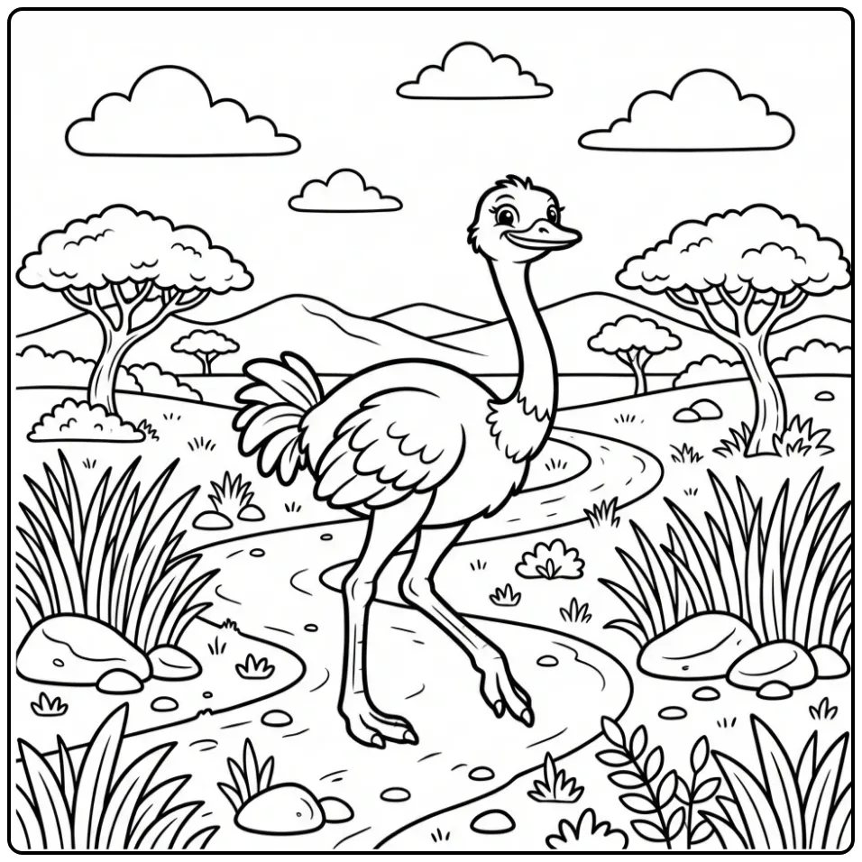 Een vrolijke kleurplaat struisvogel rennend door gras.