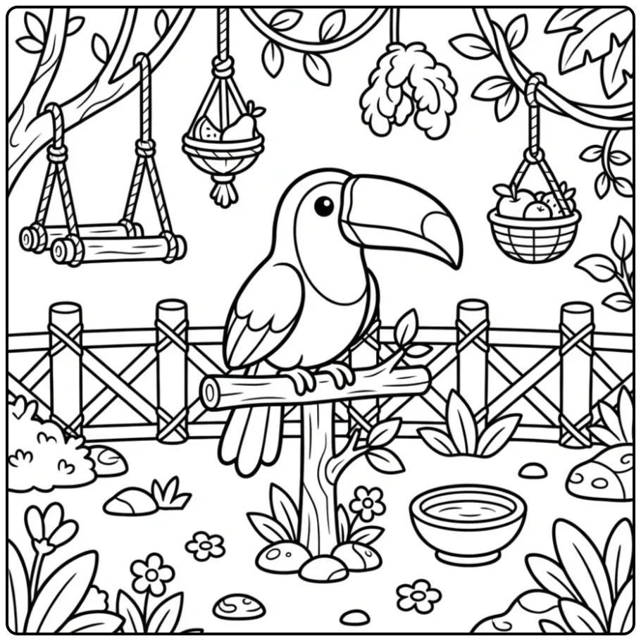 Vrolijke kleurplaat toekan op een houten bord in de volière.