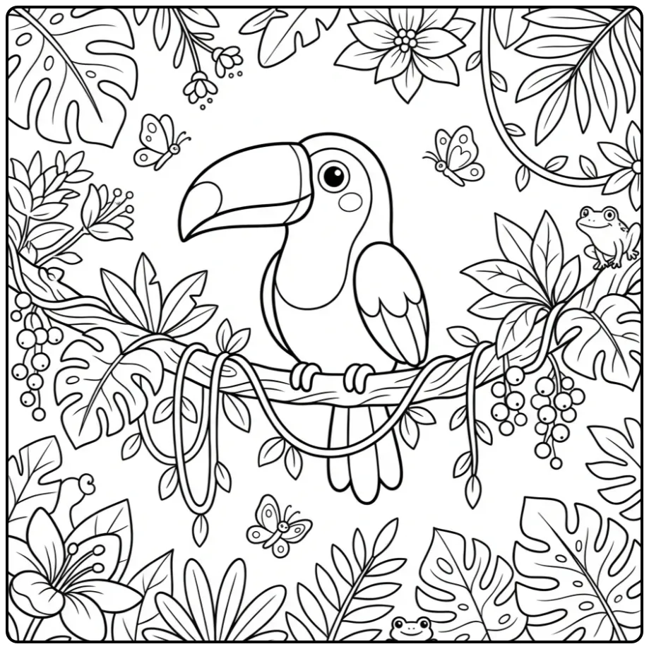 Vrolijke kleurplaat toekan op een tak in de jungle.