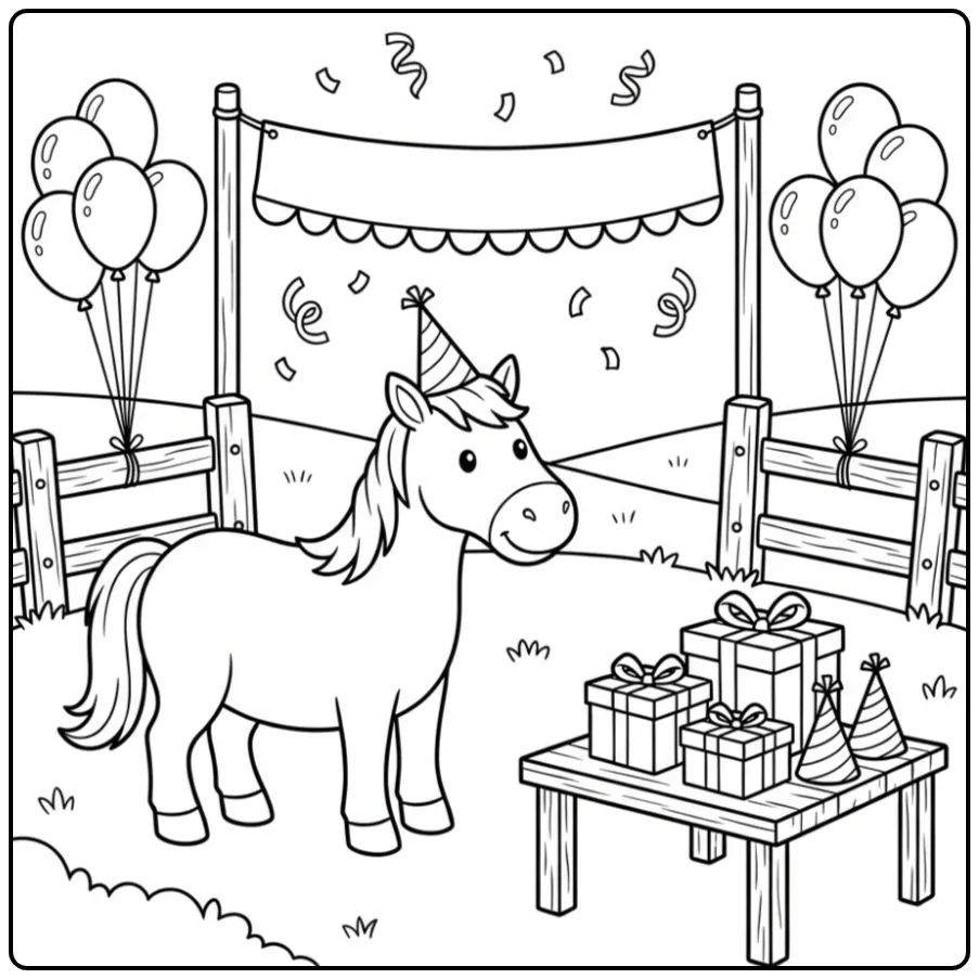Feestelijke kleurplaat verjaardag paard in de wei met ballonnen.