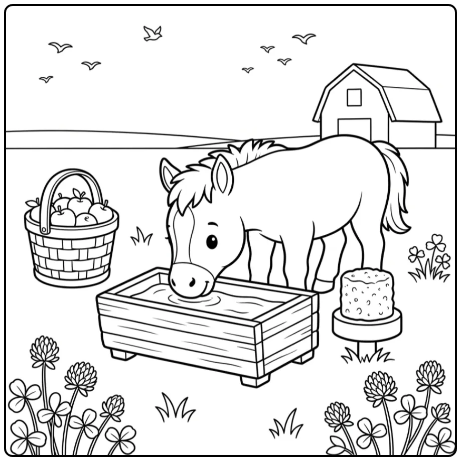 Schattige kleurplaat veulen drinkt water op de boerderij.