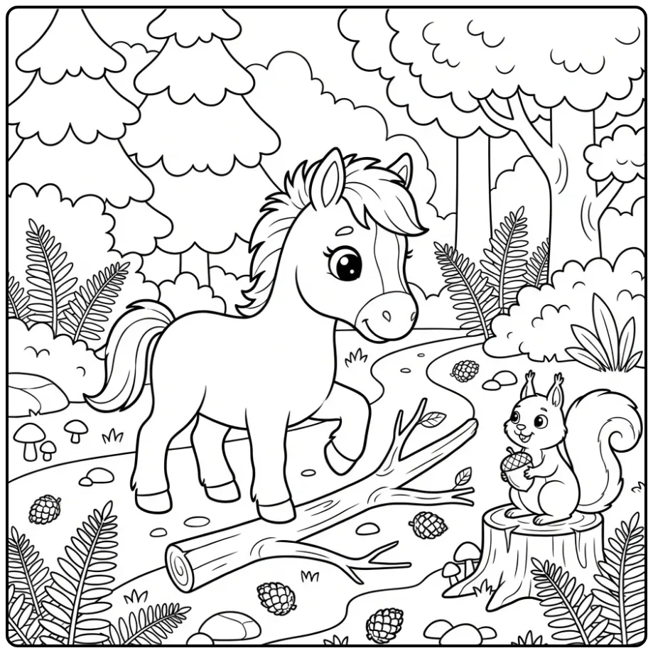 Kleurplaat veulen bij een gevallen tak en eekhoorn.