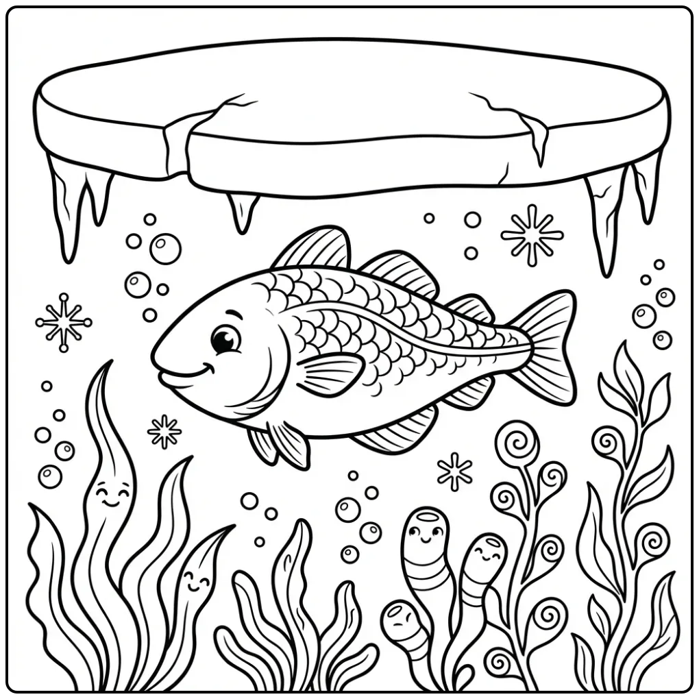 Cartoon kleurplaat vis zwemmend langs ijs en planten.