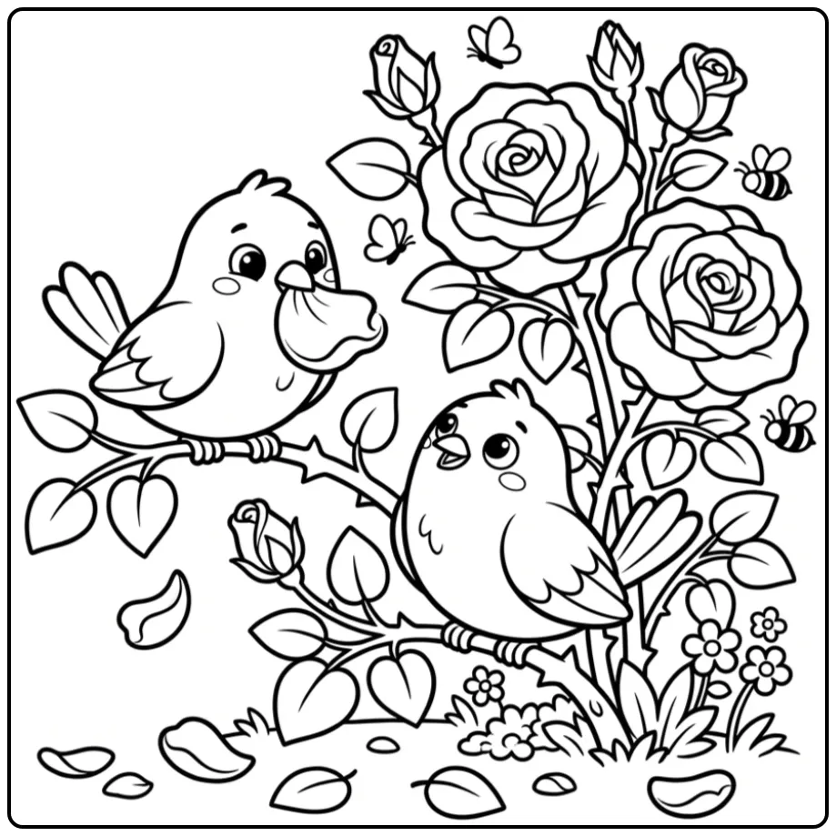 Een schattige kleurplaat vogels en bloemen met rozenstruik.