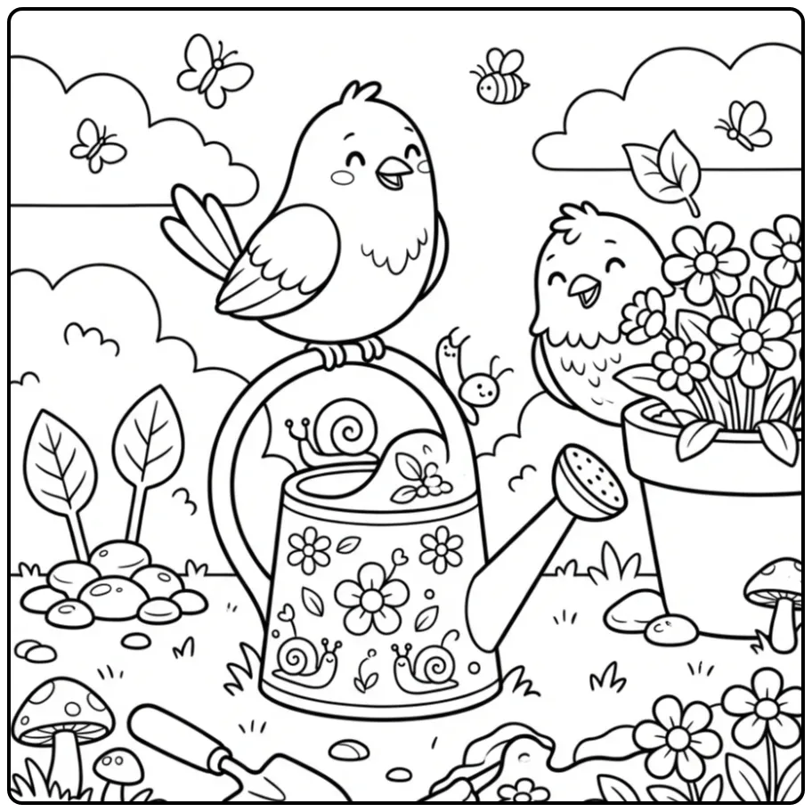 Schattige kleurplaat vogels in de tuin tekening.